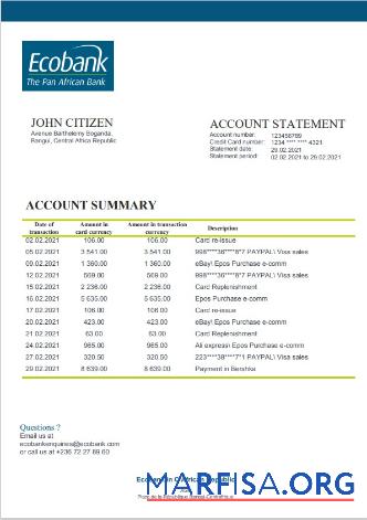 Realistic Central African Republic Ecobank bank statement word sample